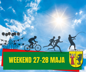 Obrazek kościoła, rowerzysty, biegaczy i wędkarza na tle nieba.