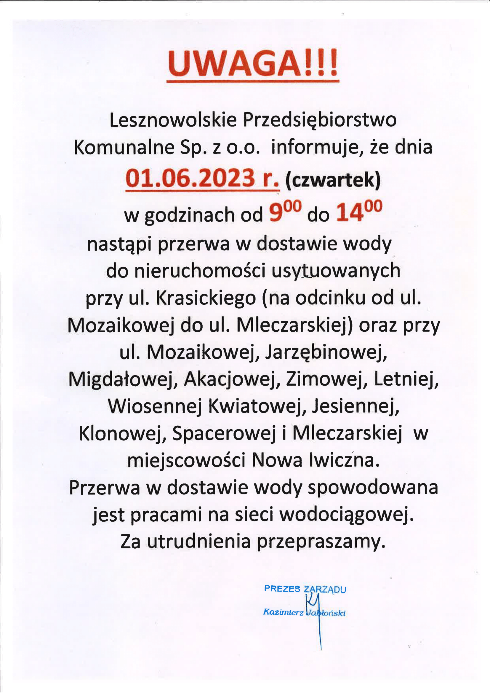 Komunikat LPK w sprawie wyłączenia wody.