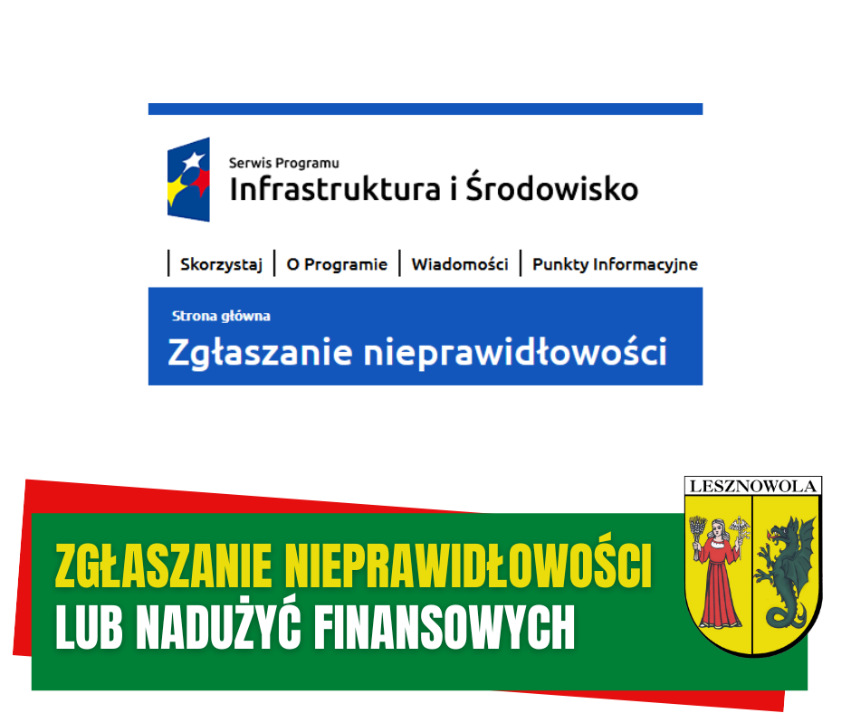 Żółty napis zgłoszenie nieprawidłowości i biały napis lub nadużyć finansowych na zielonym tle. U góry logo funduszy europejskich.
