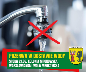 Żółty napis Przerwa w dostawie wody na zielonym pasku.
