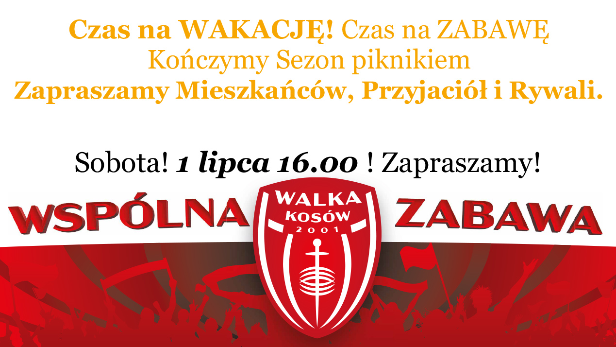 Bialo-czerwone tło. Żółty napis CZAS NA WAKACJE! CZAS NA ZABAWĘ! Sobota 1 lipca 16.00! Zapraszamy!