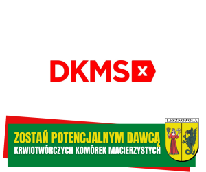 Żółty napis - zostań potencjalnym dawcą i biały napis krwiotwórczych komórek macierzystych na zielonym pasku.