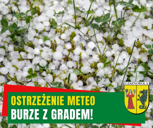 Żółty napis - ostrzeżenie meteo i biały napis - burze z gradem! na zielonym pasku. W tle grad leży na ziemi.