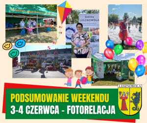 Żółty napis Podsumowanie Weekendu i biały napis 3-4 czerwca - fotorelacja na zielonym pasku. W tle zdjęcia z różnych imprez.