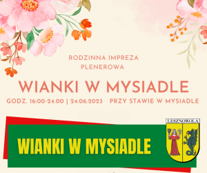 Żółty napis Wianki w Mysiadle na zielonym pasku.