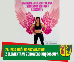 Żółty napis Zajęcia ogólnorozwojowe i biały napis z elementami zdrowego kręgosłupa na zielonym pasku.