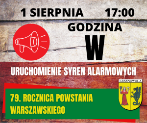 Żółty napis 79. Rocznica Powstania Warszawskiego na zielonym pasku. W tle biało-czerwona ściana.