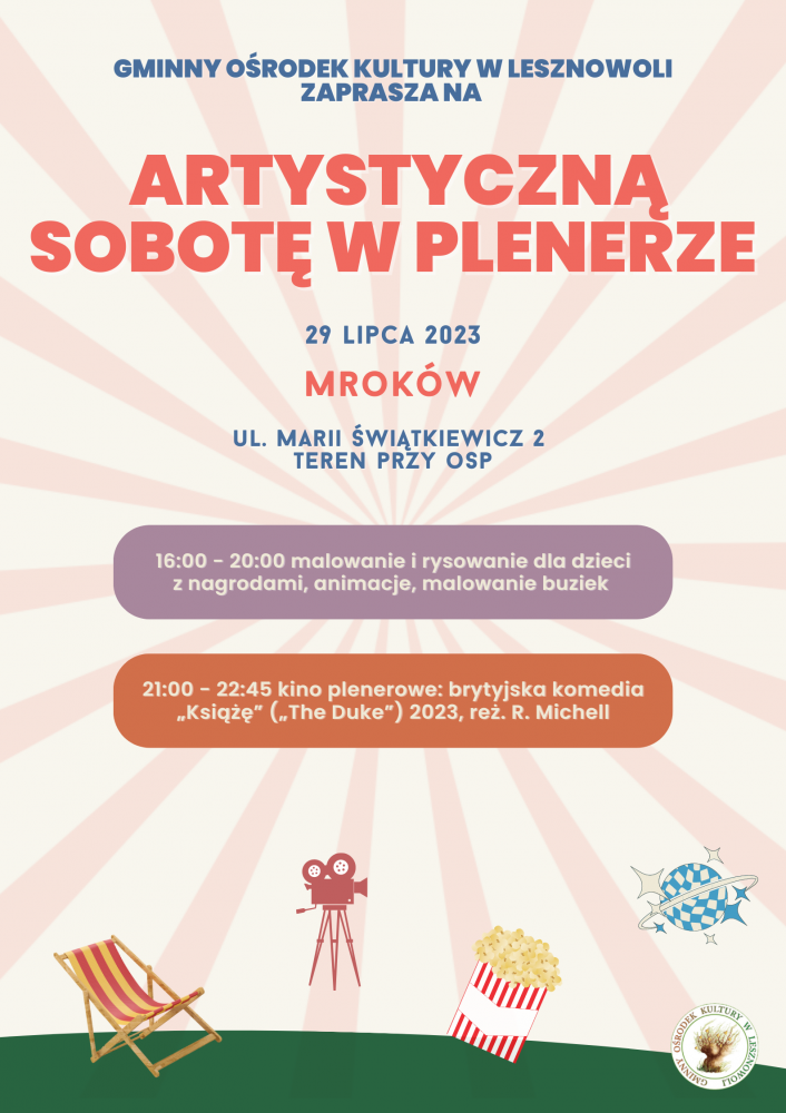 Na plakacie znajduje się obrazek leżaka, kamery, popcorn planety z gwiazdkami i logo GOK.