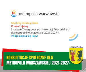 Żółty napis Konsultacje społeczne dla i biały metropolii warszawskiej 2021-2027+na zielonym tle.