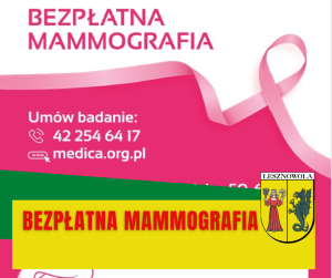 Grafika z kolorach biało-różowym z napisem BEZPŁATNA MAMMOGRAFIA
