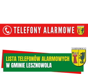 Żółty napis Lista telefonów alarmowych i biały napis w Gminie Lesznowola na zielonym pasku.