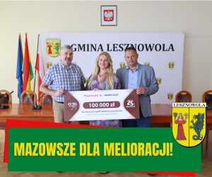 Żółty napis Mazowsze dla Melioracji na zielonym pasku. W tle dwóch mężczyzn i jedna kobieta.