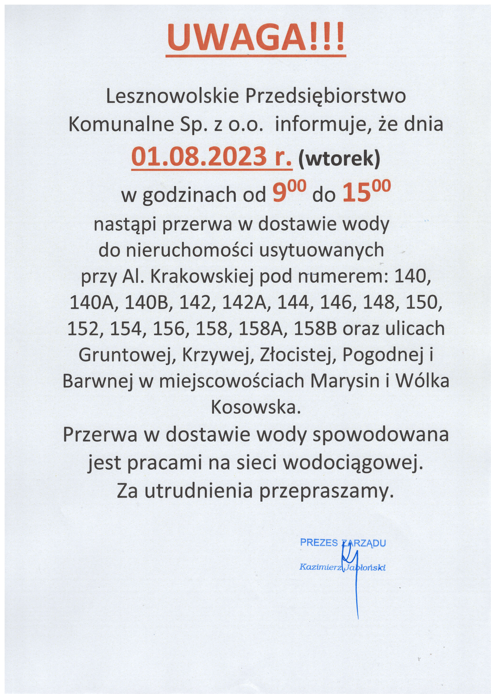 Skan pisma z informacją o przerwie w dostawie wody.