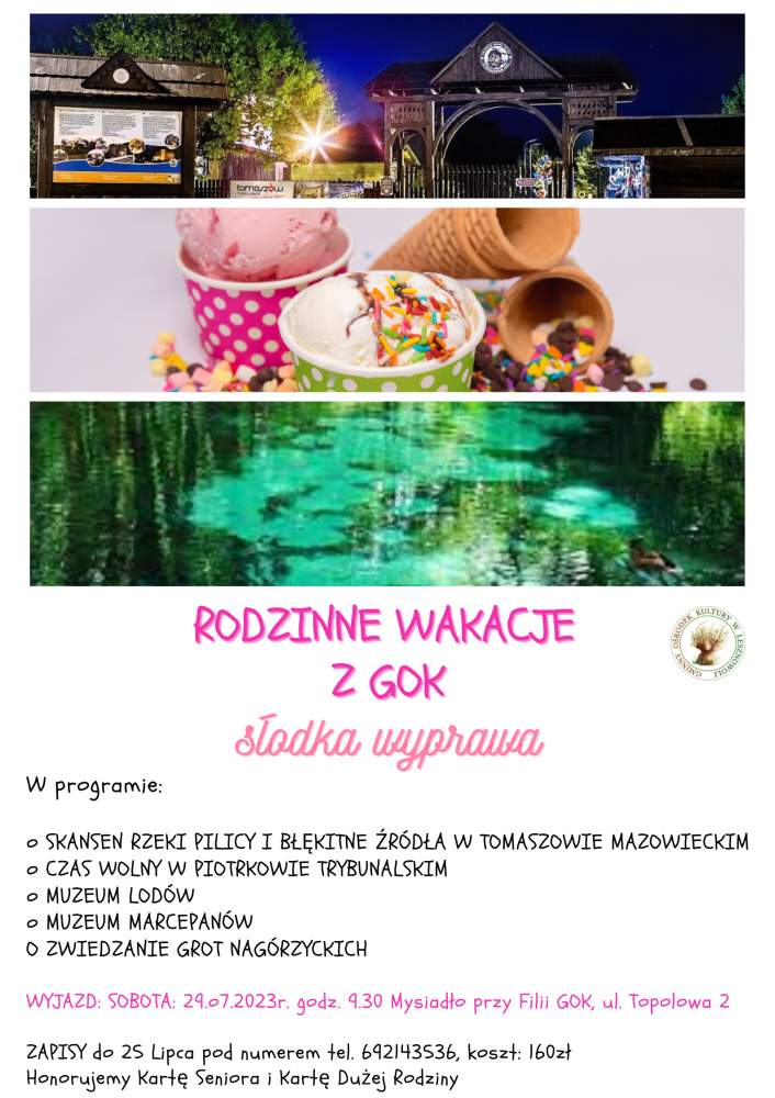 Na zdjęciach Skansen rzeki Pilicy, Błękitne Źródła w Tomaszowie Mazowieckim i lody.