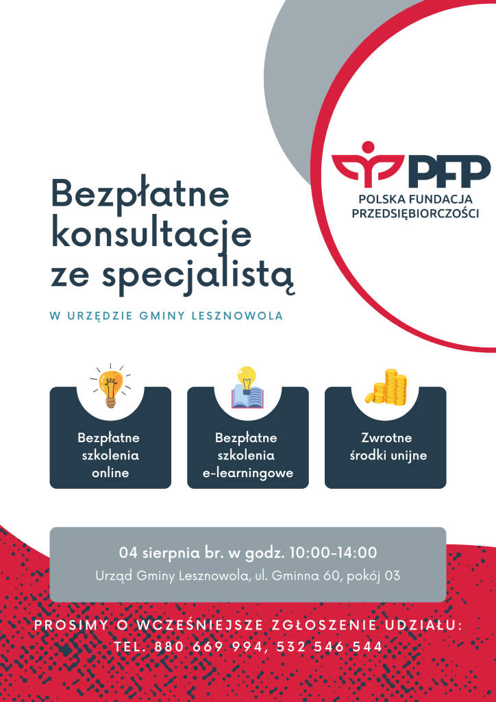 Biało-czerwono-szara grafika. Granatowy napis Bezpłatne konsultacje ze specjalistą w Urzędzie Gminy Lesznowola