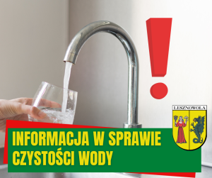 Kran z wodą, czerwony wykrzyknik. Na dole na zielonym pasku napis: INFORMACJA W SPRAWIE CZYSTOŚCI WODY.