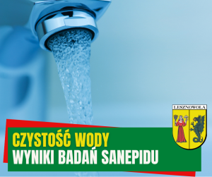 kran z wodą, na zielonym pasku napis: Czystość wody wyniki badań sanepisu