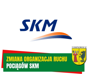 Żółty napis Organizacja ruchu i biały napis pociągów SKM na zielonym pasku. W tle logo SKM.