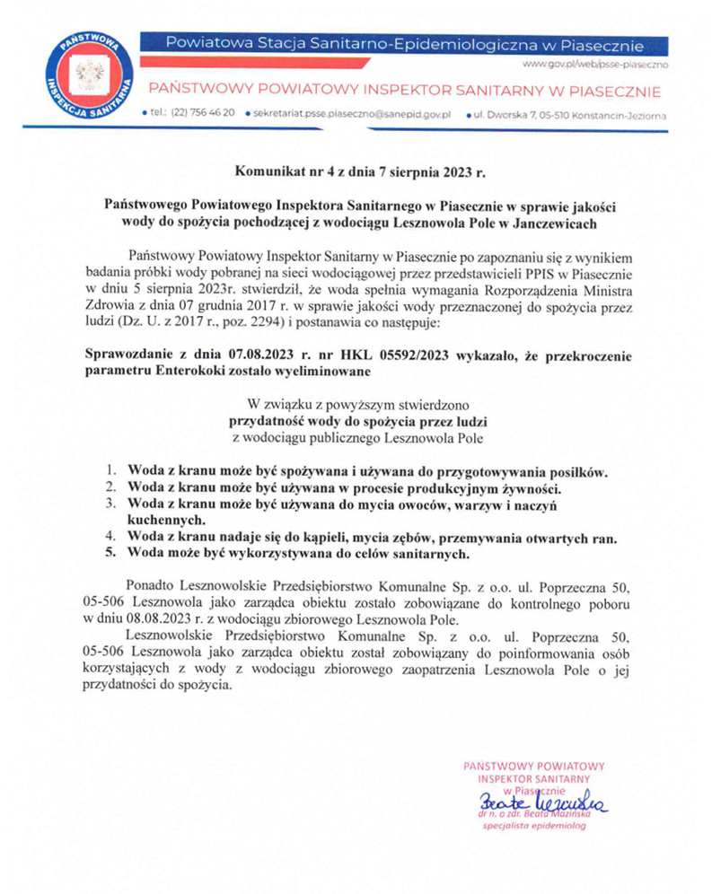 Komunikat Państwowego Powiatowego Inspektora Sanitarnego w Piasecznie w sprawie jakości wody - Janczeiwce.