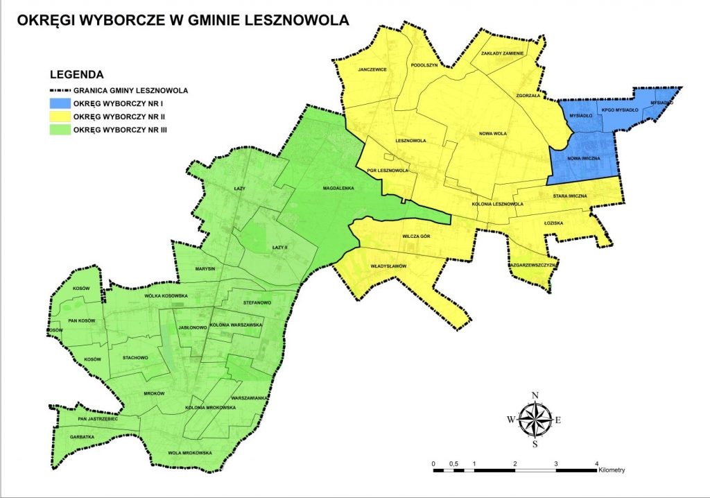 Mapa Gminy Lesznowola z zaznaczonymi trzema okręgami.