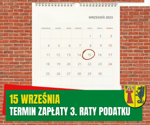 Żółty napis 15 września i biały napis termin zapłaty 3. raty podatku na zielonym pasku.