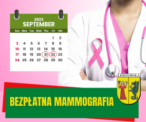 lekarz ze stetoskopem i różową wstążką, kalendarz z zaznaczoną datą 22.08. Na zielonym pasku napis BEZPŁATNA MAMMOGRAFIA