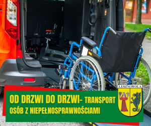 Samochód i wózek dla osób niepełnosprawnych. Na zielonym pasku napis: OD DRZWI DO DRZWI