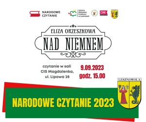 Żółty napis Narodowe Czytanie 2023 na zielonym pasku. U góry znajduje się czarny napis Nad Niemnem na białym tle.