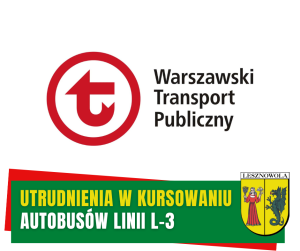 Żółty napis Utrudnienia w kursowaniu i biały napis autobusów linii L-3 na zielonym pasku.