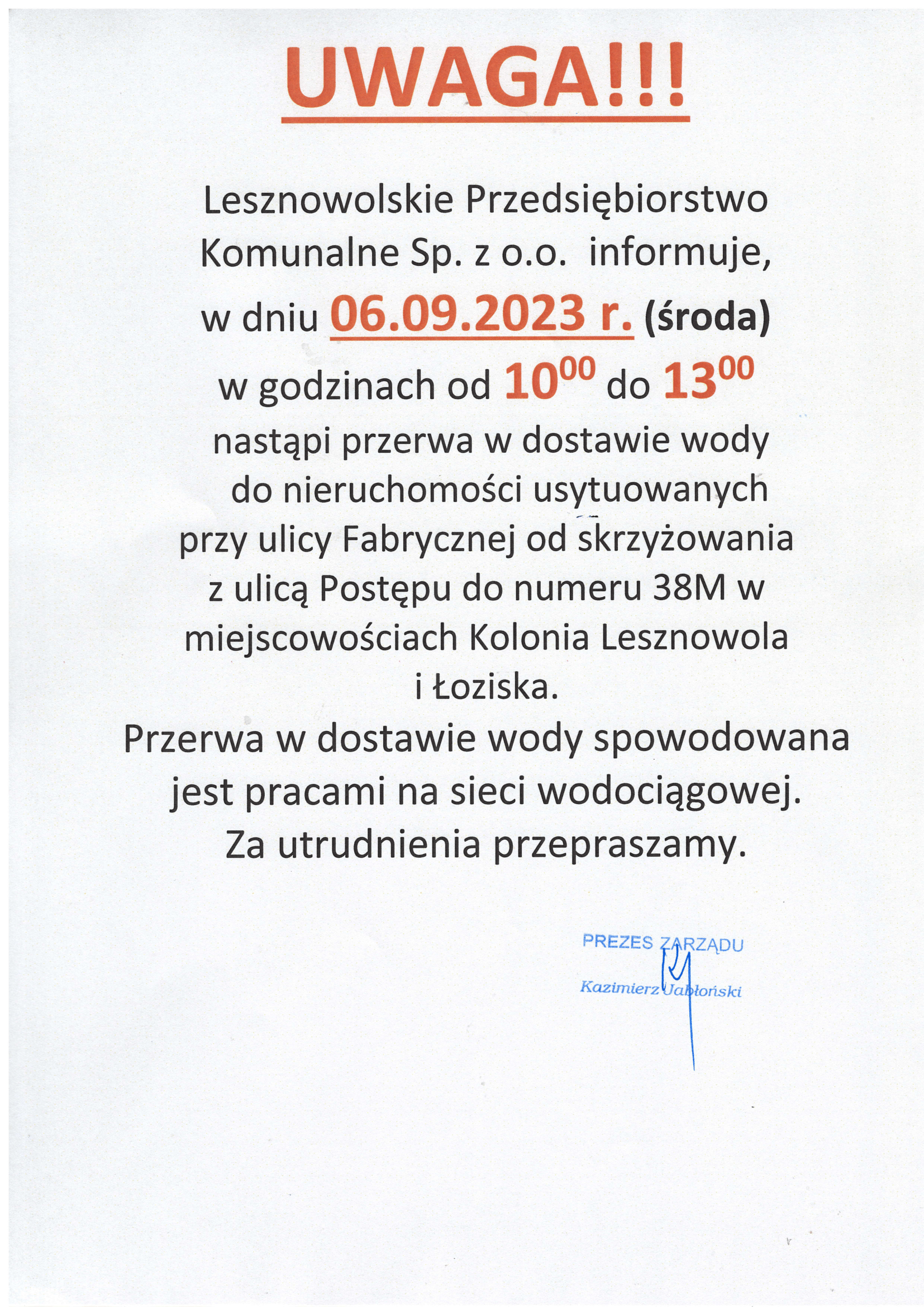 Skan pisma z informacją o przerwie w dostawie wody w miejscowościach Kolonia Lesznowola i Łoziska.