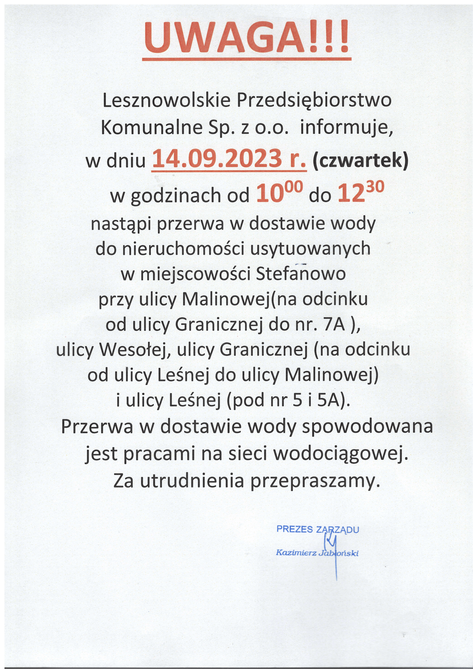 Skan pisma z informacją o przerwie w dostawie wody w miejscowości Stefanowo.