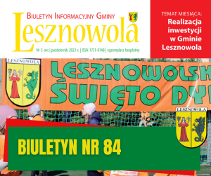 Żółty napis Biuletyn nr 84 na zielonym pasku. W tle napis "Lesznowolskie Święto Dyni".