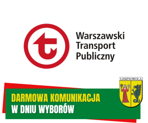Żółty napis Darmowa komunikacja i biały napis w dniu wyborów na zielonym pasku. W tle logo WTP.