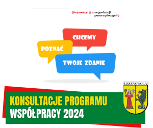 Żółty napis Konsultacje Programu i biały napis współpracy 2024 na zielonym pasku.