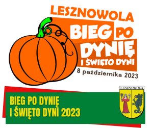 Grafika Dyni i napis LESZNOWOLA BIEG PO DYNIĘ I ŚWIĘTO DYNI 8 PAŹDZIERNIKA 2023