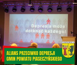 Na zdjęciu tablica z prezentacją i napis: Depresja może dotknąć każdego