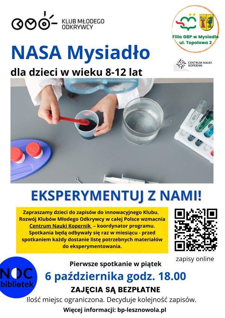 Chłopiec przeprowadza eksperyment. W górnym prawym rogu znajduje się Herb Gminy Lesznowola i Logo Biblioteki.