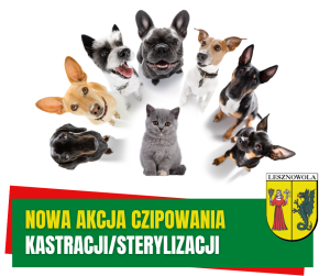 Żółty napis Nowa akcja czipowania i biały napis kastracji/sterylizacji na zielonym pasku. W tle 7 psów i 1 kot.