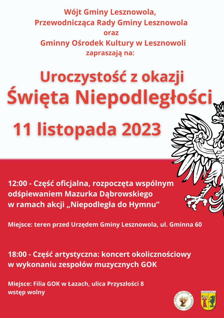 Biał0-czerwony plakat z zaproszeniem na uroczystości z okazji Święta Niepodległości