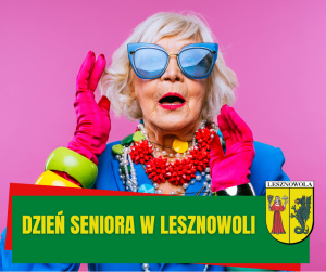Żółty napis Dzień Seniora w Lesznowoli na zielonym pasku.