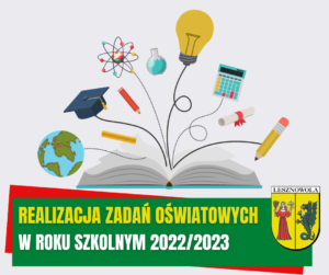 Otwarta ksiazka. Na zielonym pasku napis Realizacja zadań oświatowych w roku szkolnym 2022/2023