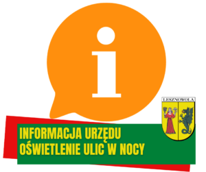 Informacja - literka "i" w okręgu na pomarańczowym tle. Na dole na zielonym pasku napis: INFORMACJA URZEDU OŚWIETLENIE ULIC W NOCY