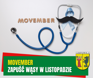 Żółty napis "Movember" i biały napis "zapuść wąsy w listopadzie" na zielonym pasku.