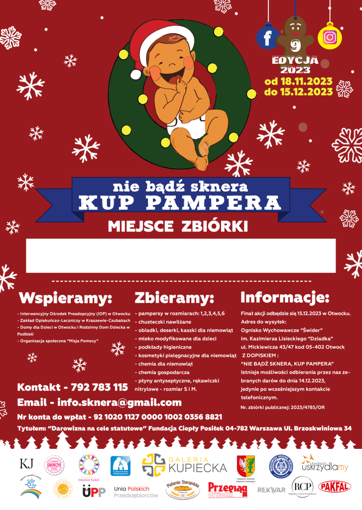 Obrazek dziecka w pampersie i czapce Mikołaja na czerwonym tle.