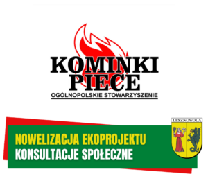 Żółty napis "Nowelizacja ekoprojektu" i biały napis "konsultacje społeczne" na zielonym pasku. W tle logo OSKP.