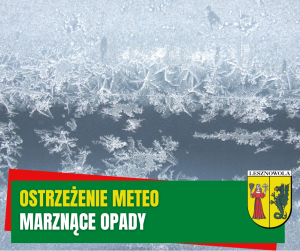 Żółty napis ostrzeżenie IMGW i biały napis marznące opady na zielonym pasku.