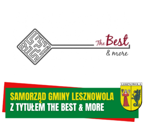 Żółty napis Samorząd Gminy Lesznowola i biały napis "z tytułem The Best & More" na zielonym pasku.