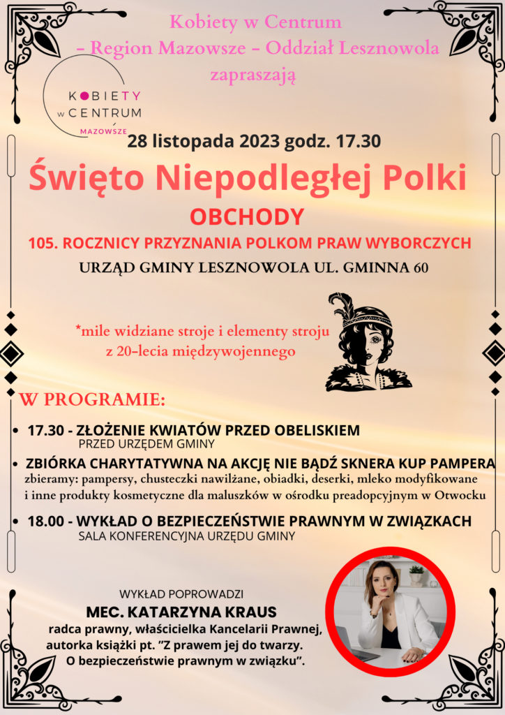 Czerwony napis "Święto Niepodległej Polki". W dolnym prawym rogu znajduje się zdjęcie kobiety.