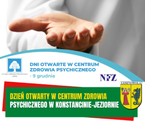 Żółty napis "Dzień otwarty w Centrum Zdrowia" i biały napis "Psychicznego w Konstancinie-Jeziornie" na zielonym tle.