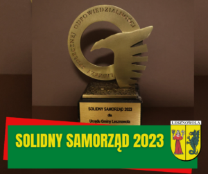 Złota statuetka na brązowym tle, na statuetce napis Solidny samorząd 2023 dla Urzędu Gminy Lesznowola